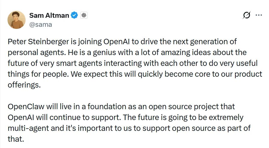 Sam Altman tweet about Peter Steinberger joining OpenAI